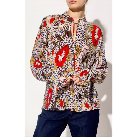 DIANE VON FURSTENBERG NWT Designer Red Pink Gold Floral Blouse – Size 8 / Medium - Picture 16 of 16